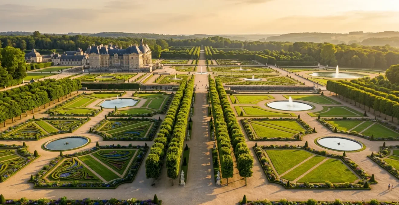 Vue aerienne d'un vaste jardin historique a la francaise avec parterres geometriques et perspectives majestueuses