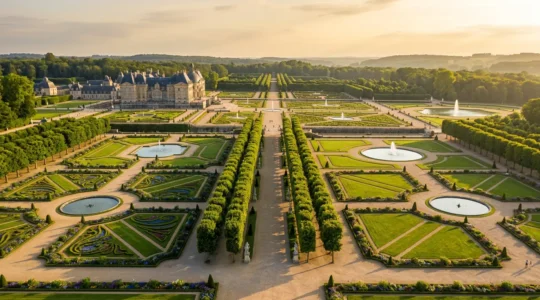 Vue aerienne d'un vaste jardin historique a la francaise avec parterres geometriques et perspectives majestueuses