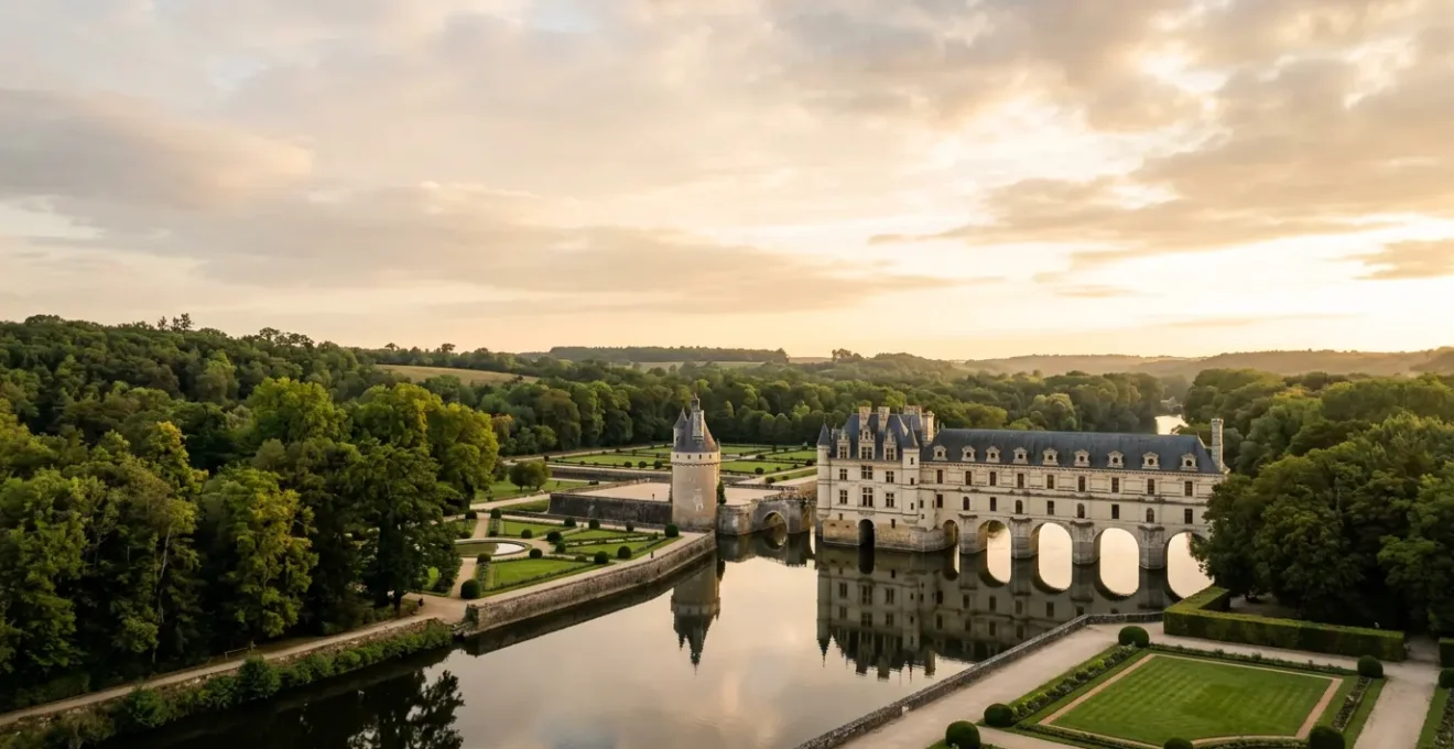 Vue architecturale d'un château historique français dans son environnement paysager