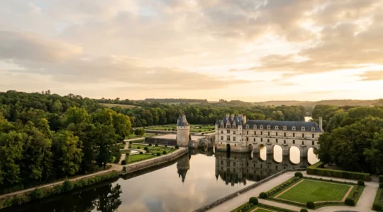 Vue architecturale d'un château historique français dans son environnement paysager