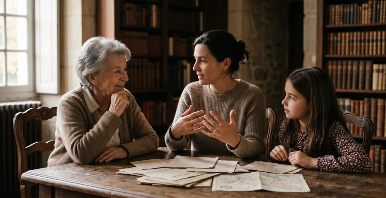 Réunion familiale autour d'une grande table en bois massif avec documents juridiques symbolisant la gouvernance et la transmission du patrimoine familial