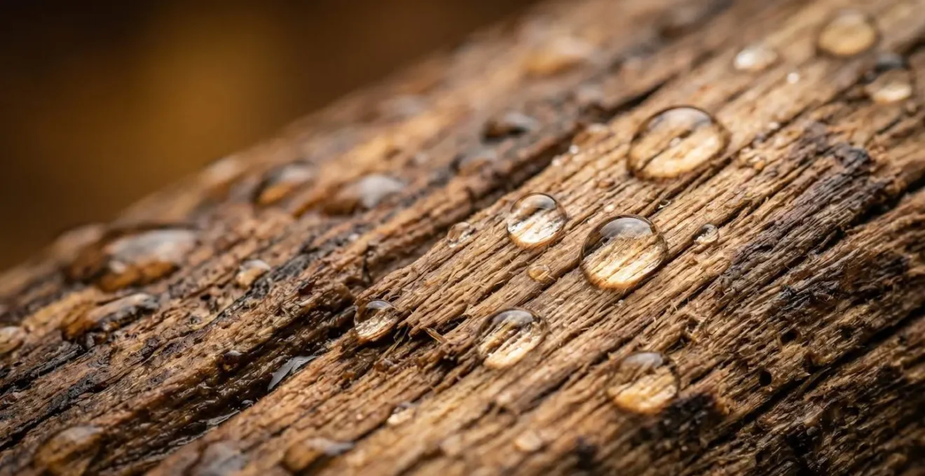 Détail macro des fibres de bois ancien saturées d'eau avec gouttelettes visibles sur la surface