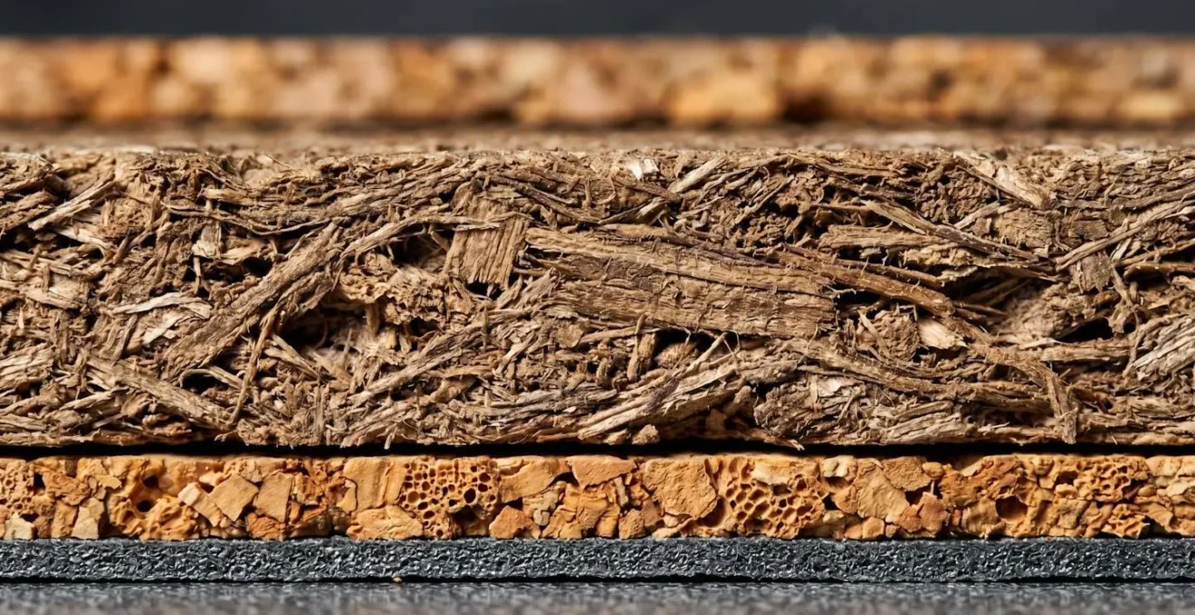 Vue macro sur matériaux isolants acoustiques liège et fibre bois superposés