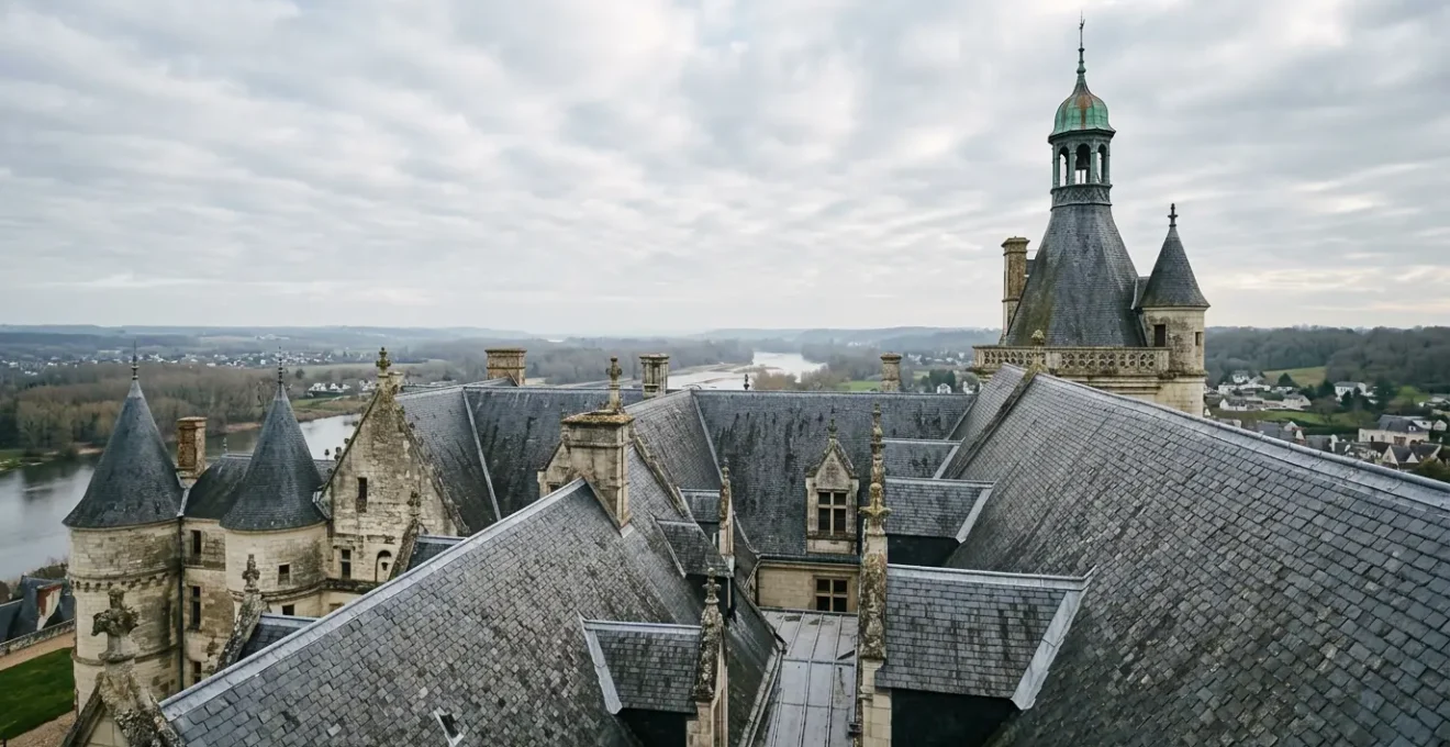 Inspection professionnelle d'une toiture de château avec ardoises et chéneaux en plomb