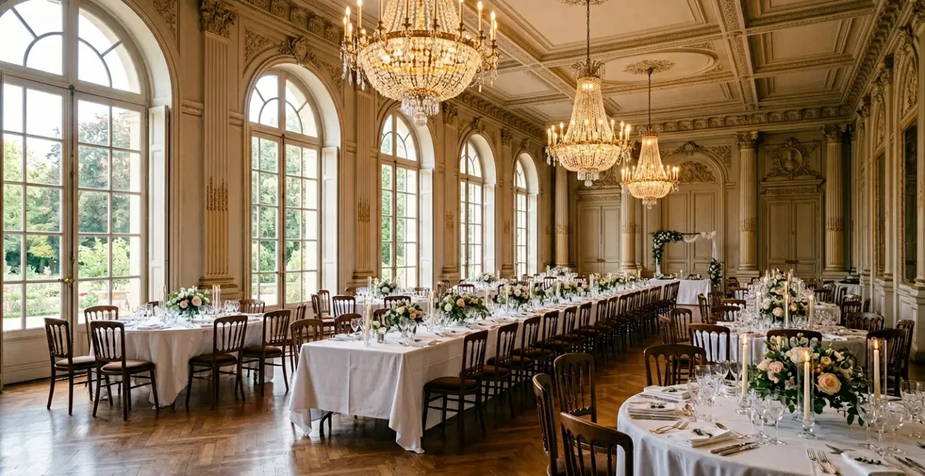 Salle de réception élégante dans un château aménagée pour un mariage avec tables et décoration raffinée