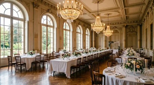 Salle de réception élégante dans un château aménagée pour un mariage avec tables et décoration raffinée