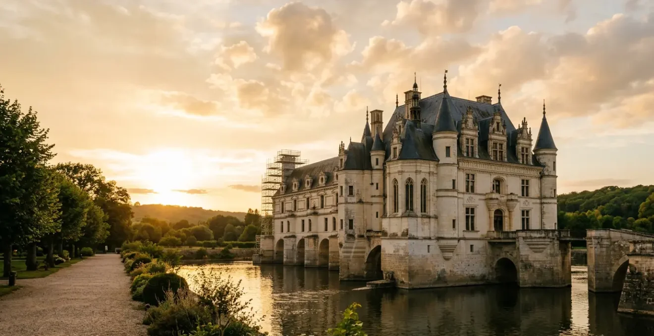 Château historique français en cours de restauration avec échafaudages et détails architecturaux