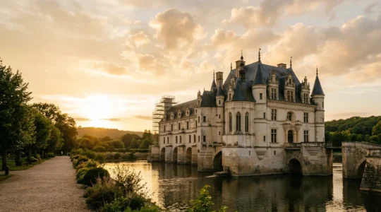 Château historique français en cours de restauration avec échafaudages et détails architecturaux