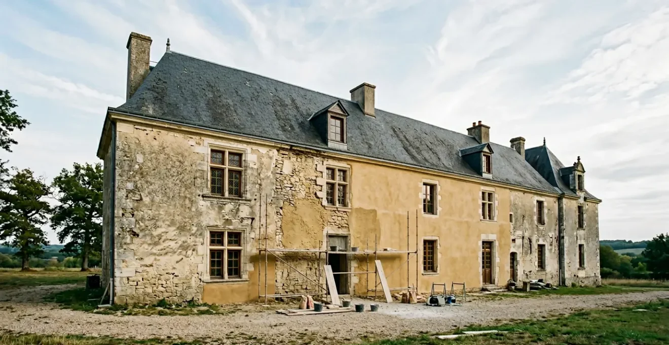 Façade historique de château en pierre calcaire blonde en cours de restauration avec enduit à la chaux artisanal