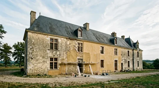Façade historique de château en pierre calcaire blonde en cours de restauration avec enduit à la chaux artisanal