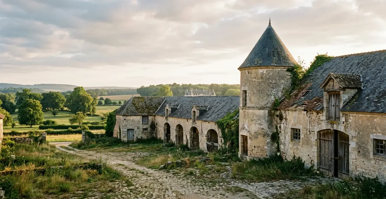 Vue d'ensemble d'anciennes dépendances de château nécessitant une réhabilitation urgente