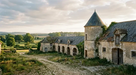 Vue d'ensemble d'anciennes dépendances de château nécessitant une réhabilitation urgente