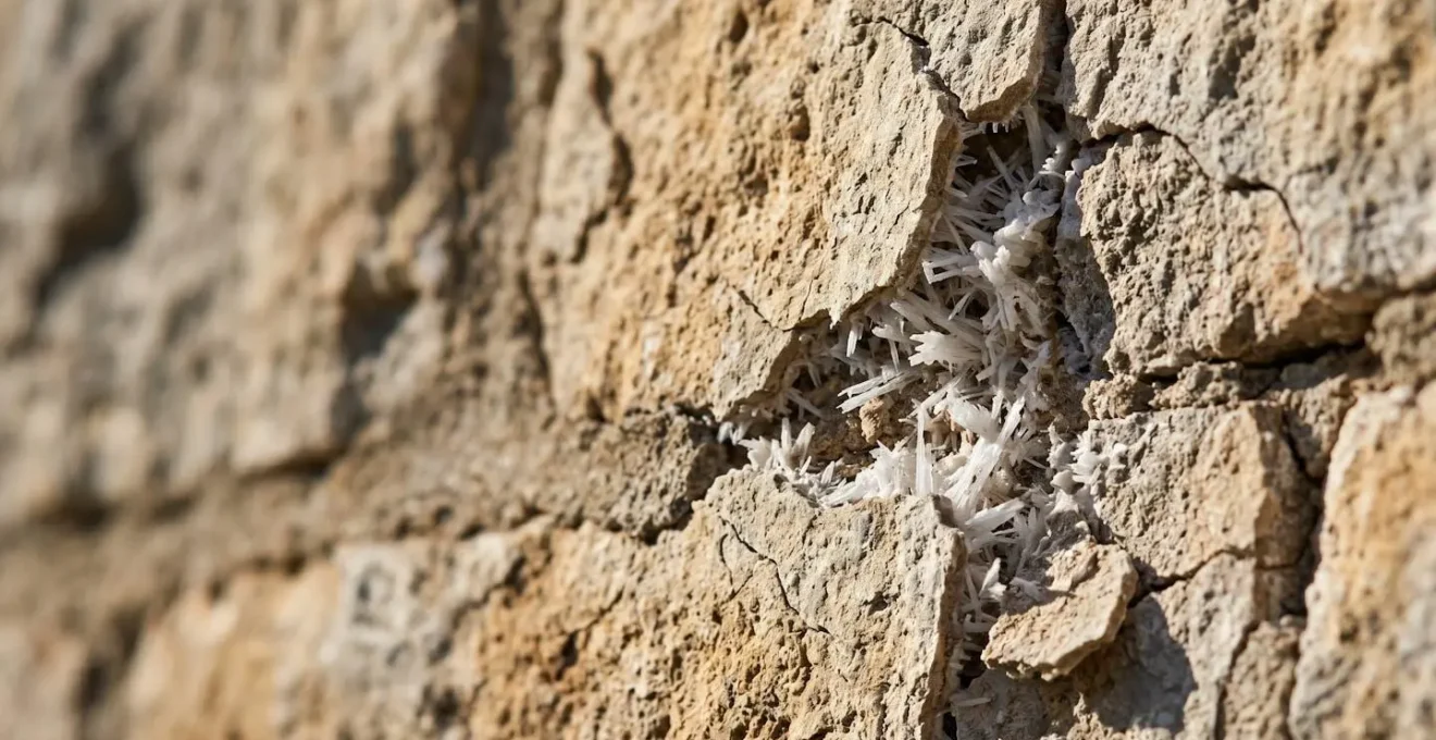 Détail macro d'un mur ancien montrant les effets destructeurs de l'humidité piégée et de la cristallisation des sels