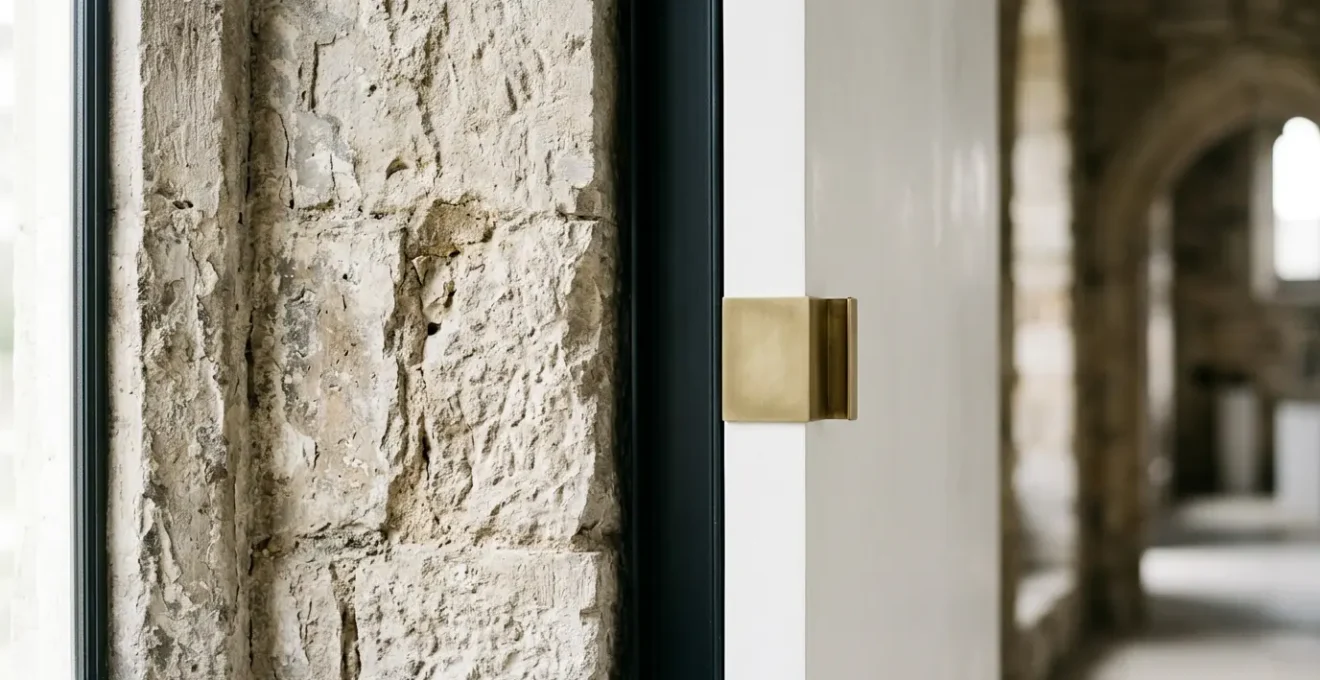 Détail architectural fusion pierre ancienne et design contemporain dans suite château