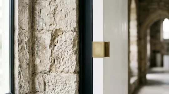 Détail architectural fusion pierre ancienne et design contemporain dans suite château