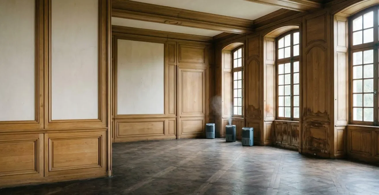 Intervention d'urgence dans un salon patrimonial avec boiseries anciennes touchées par des infiltrations d'eau