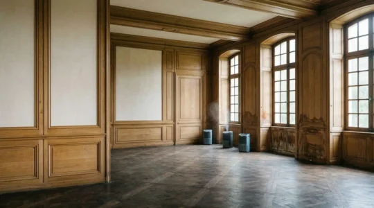 Intervention d'urgence dans un salon patrimonial avec boiseries anciennes touchées par des infiltrations d'eau