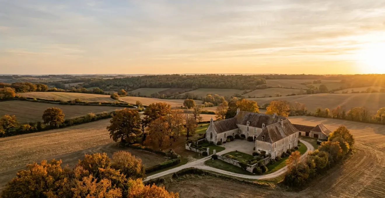 Vue extérieure d'une demeure historique en pierre dans la campagne française au crépuscule