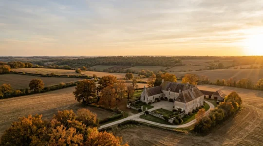 Vue extérieure d'une demeure historique en pierre dans la campagne française au crépuscule