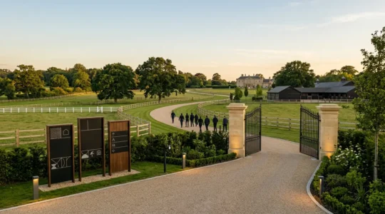 Domaine équestre ouvert au public avec mesures de sécurité et surveillance professionnelle