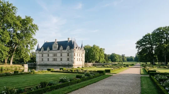 Vue panoramique d'un château historique en pierre avec façade classique dans un parc arboré, cadre prestigieux pour séminaires B2B