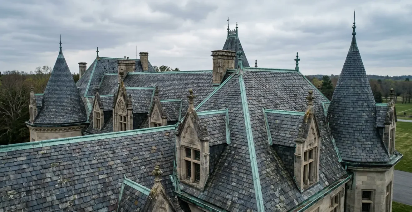 Toiture en ardoise ancienne d'un château français avec détails architecturaux patrimoniaux