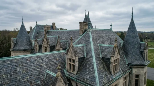 Toiture en ardoise ancienne d'un château français avec détails architecturaux patrimoniaux