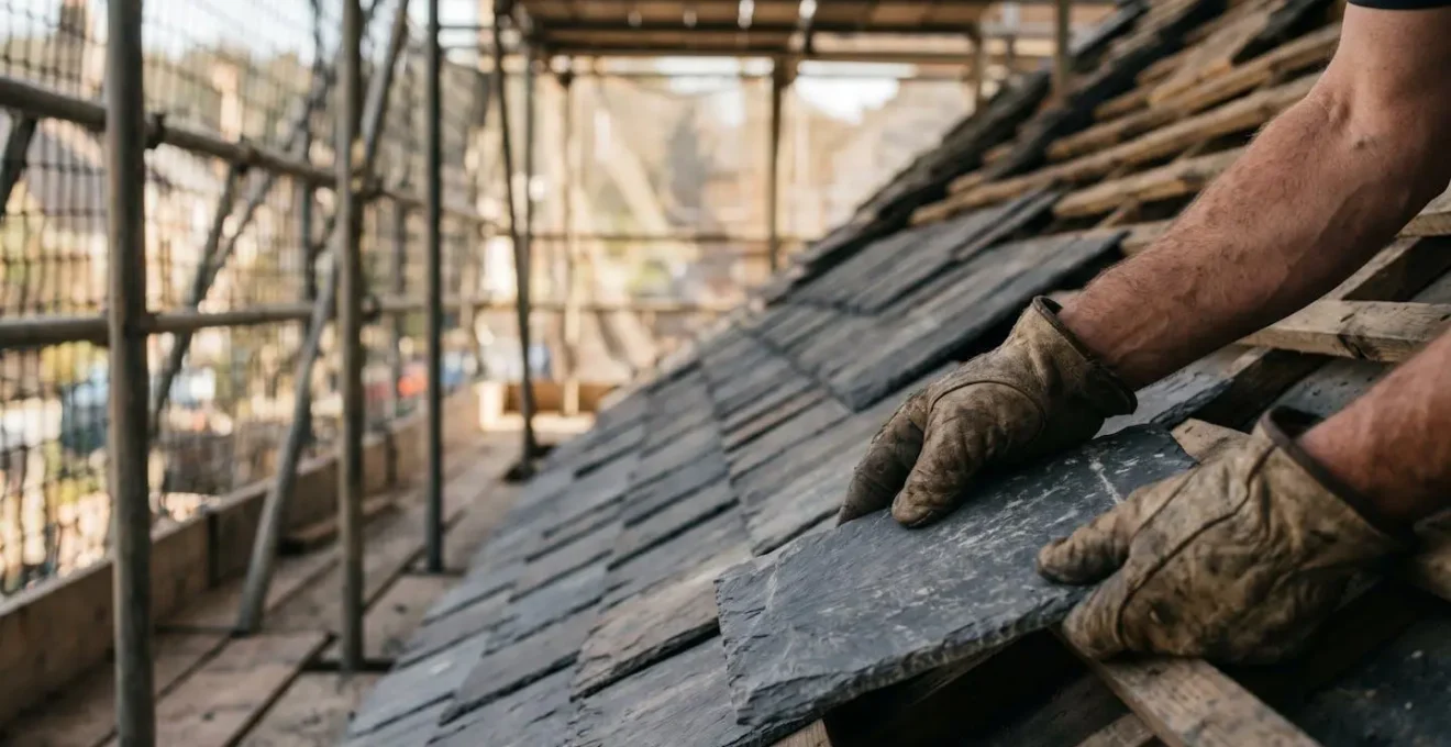 Détail de toiture en ardoise naturelle avec fixations traditionnelles sur bâti ancien