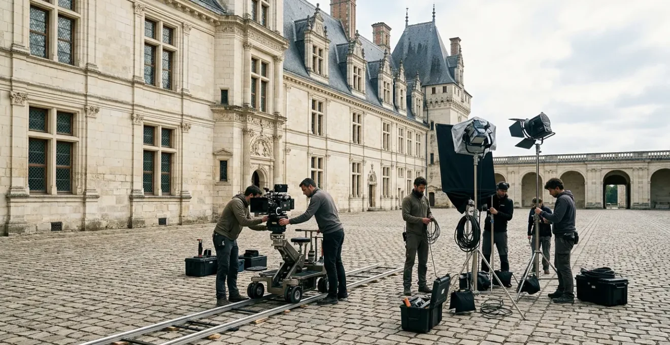 Équipe de tournage cinématographique installant du matériel professionnel dans la cour d'un château historique français