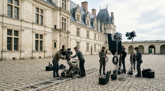 Équipe de tournage cinématographique installant du matériel professionnel dans la cour d'un château historique français