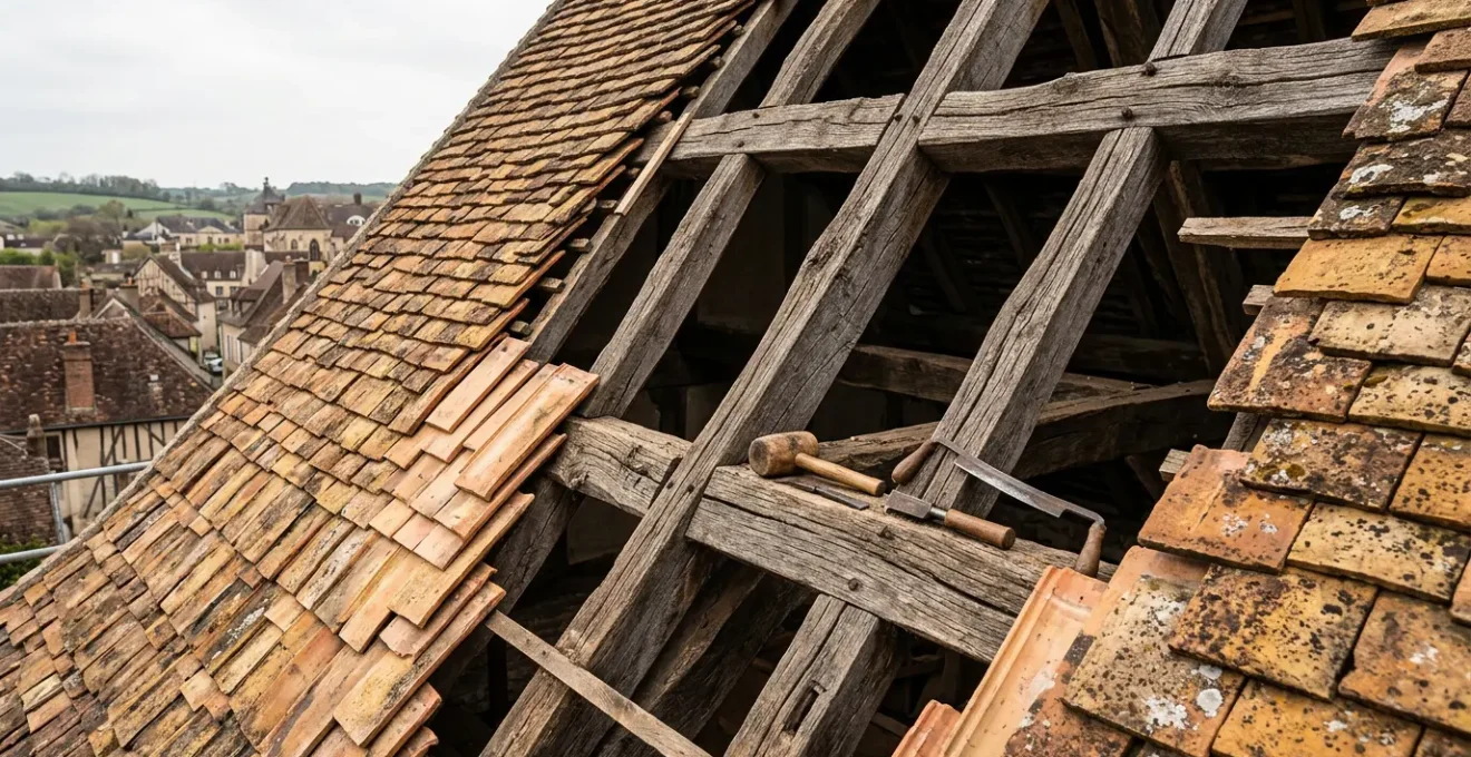 Détail architectural d'une toiture patrimoniale en restauration avec tuiles anciennes et charpente en bois