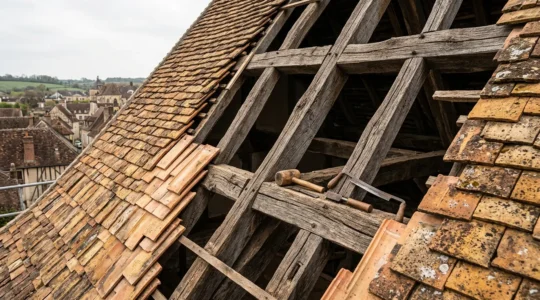 Détail architectural d'une toiture patrimoniale en restauration avec tuiles anciennes et charpente en bois