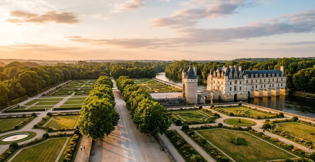 Vue architecturale majestueuse d'un château historique français entouré de jardins à la française symbolisant le patrimoine familial transmis de génération en génération