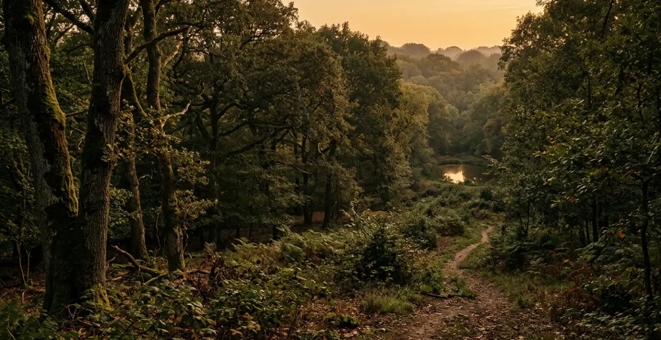 Vue panoramique d'un vaste domaine forestier avec chemins et étangs illustrant la responsabilité du propriétaire