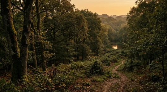 Vue panoramique d'un vaste domaine forestier avec chemins et étangs illustrant la responsabilité du propriétaire