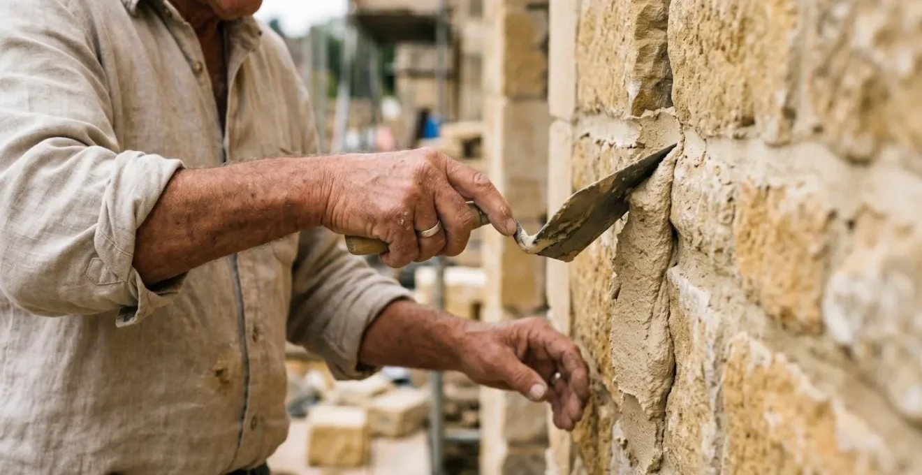 Geste d'un artisan appliquant un mortier de chaux à la truelle sur les joints d'une façade en pierre blonde sous une lumière d'automne douce et diffuse