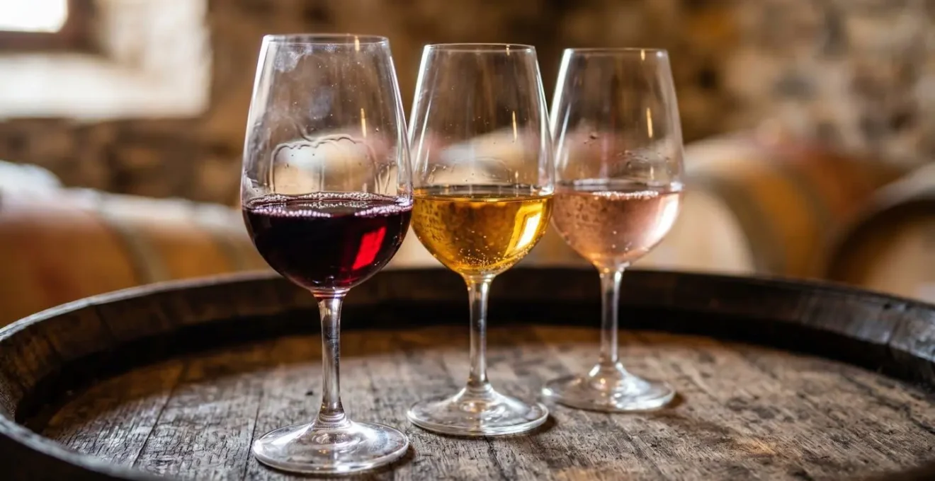 Gros plan sur des verres à dégustation disposés sur une table en bois avec des échantillons de vins de différentes nuances