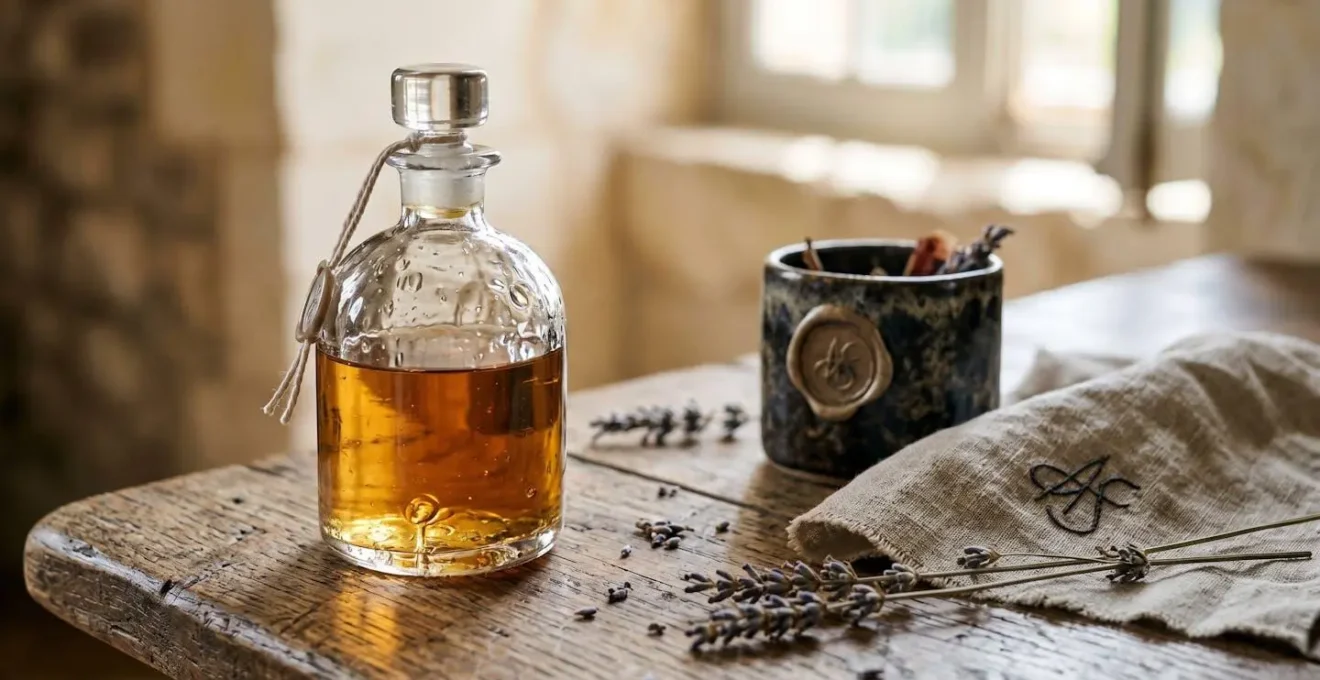 Mise en scène élégante de produits artisanaux exclusifs sur une table en bois ancien, évoquant l'art de vivre d'un château