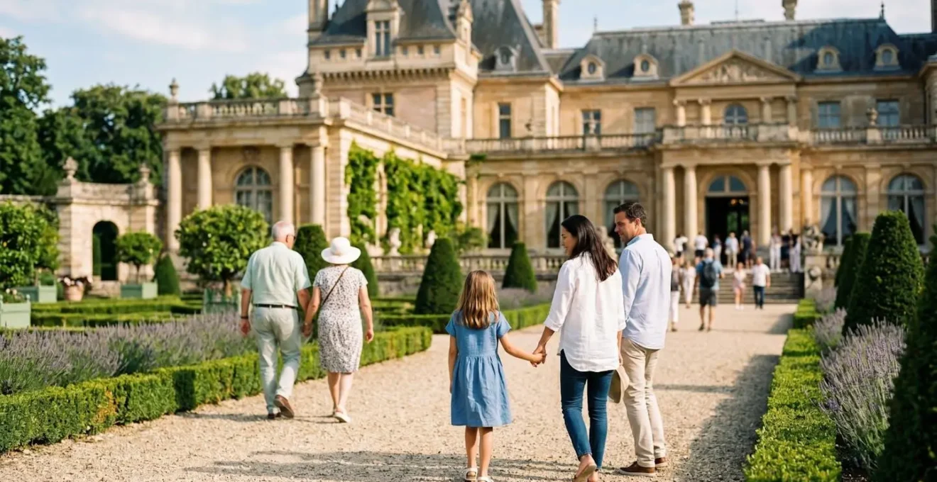 Visiteurs découvrant les jardins d'un château historique lors d'une journée d'été ensoleillée