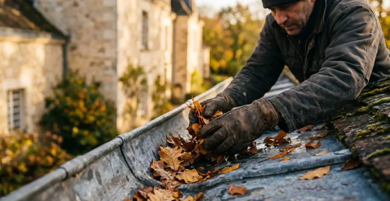 Chéneau métallique encaissé partiellement rempli de feuilles mortes d'automne photographié en vue plongeante