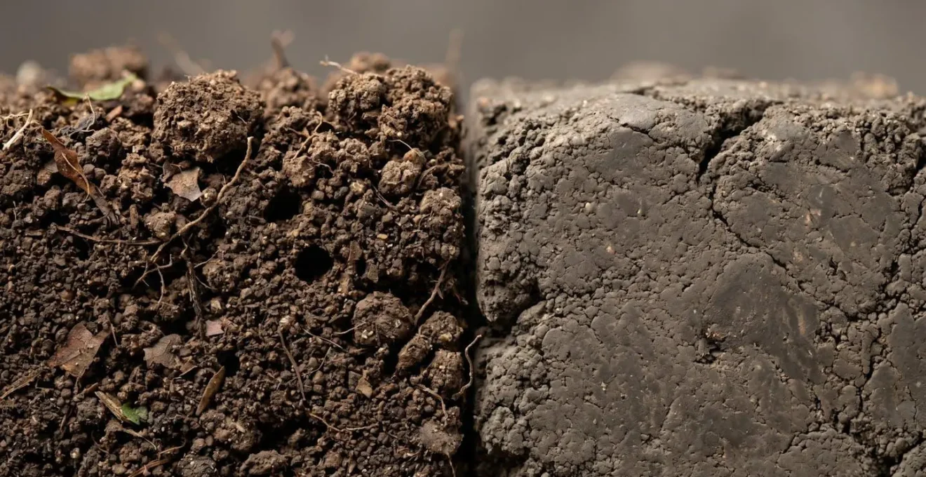 Gros plan macro sur structure du sol montrant la différence entre sol sain aéré et sol compacté
