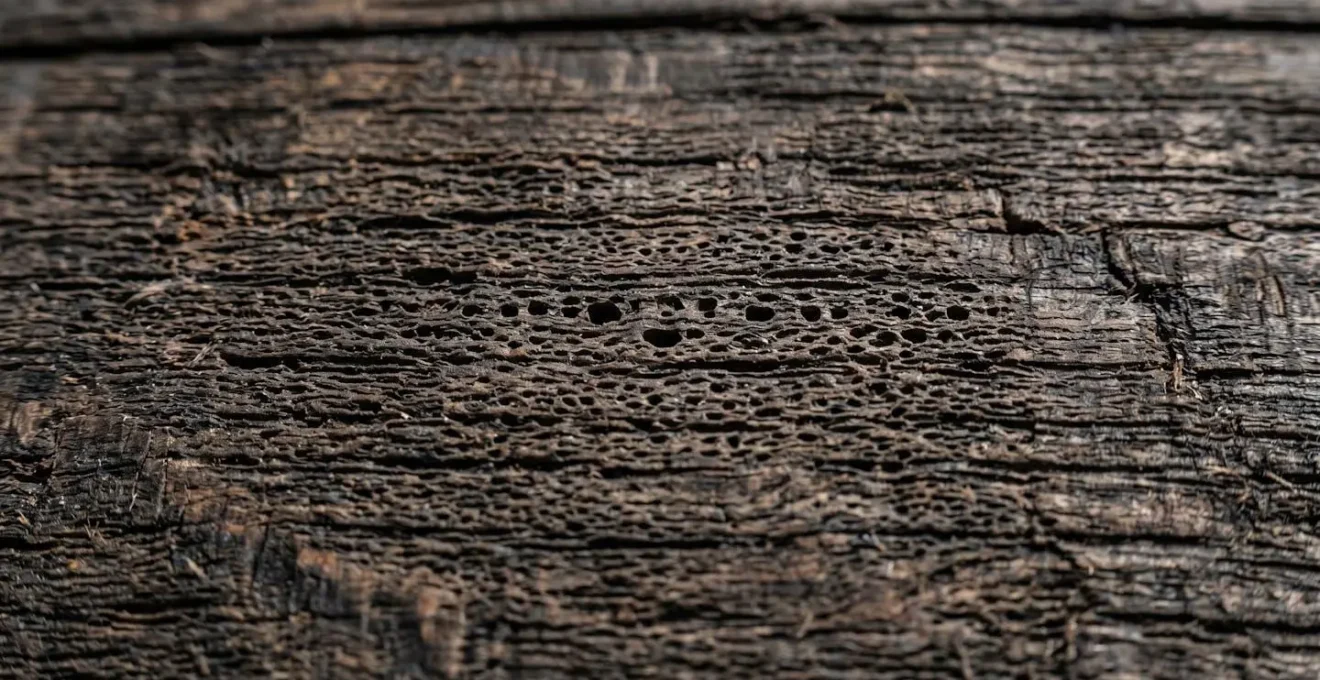 Gros plan macro sur la surface d'une barrique de chêne montrant la texture du bois et les pores microscopiques