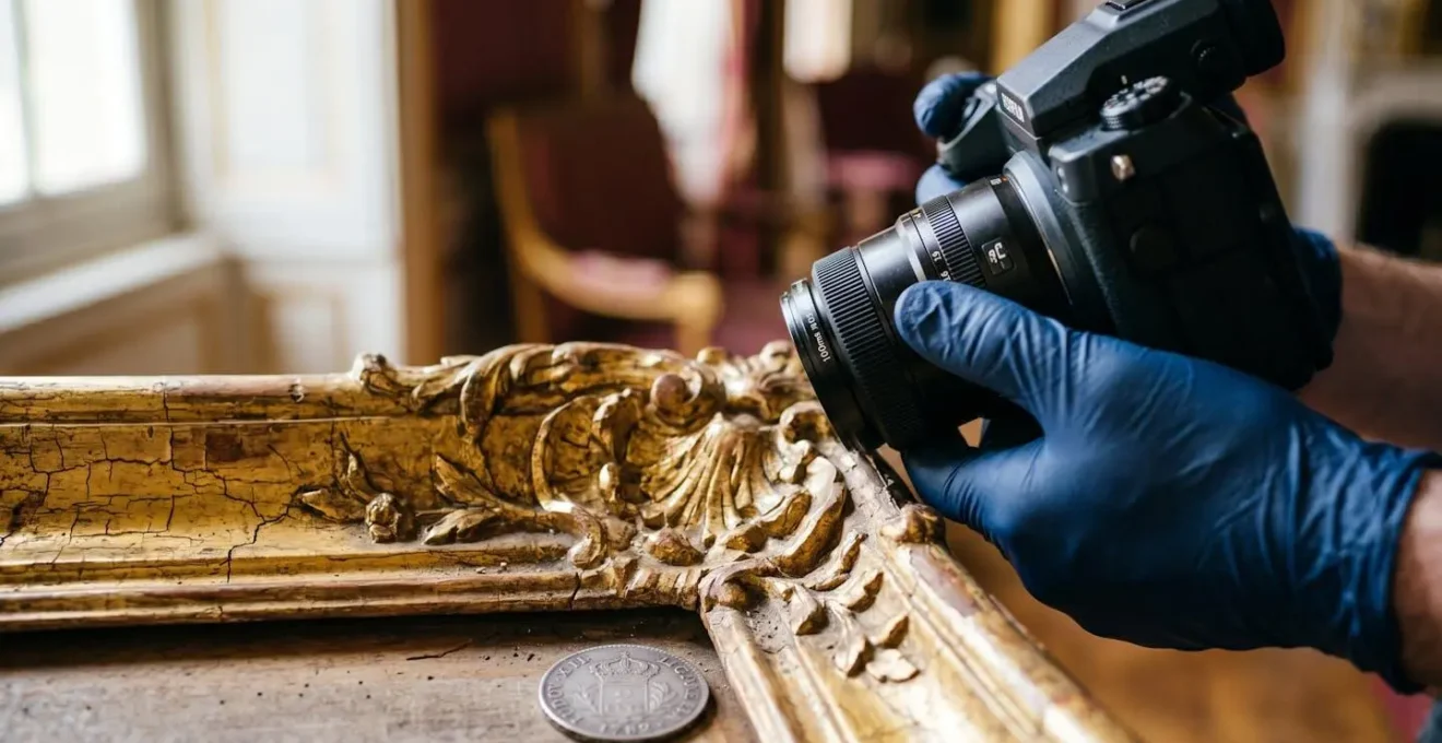 Documentation photographique détaillée d'éléments décoratifs historiques avant tournage avec appareil professionnel