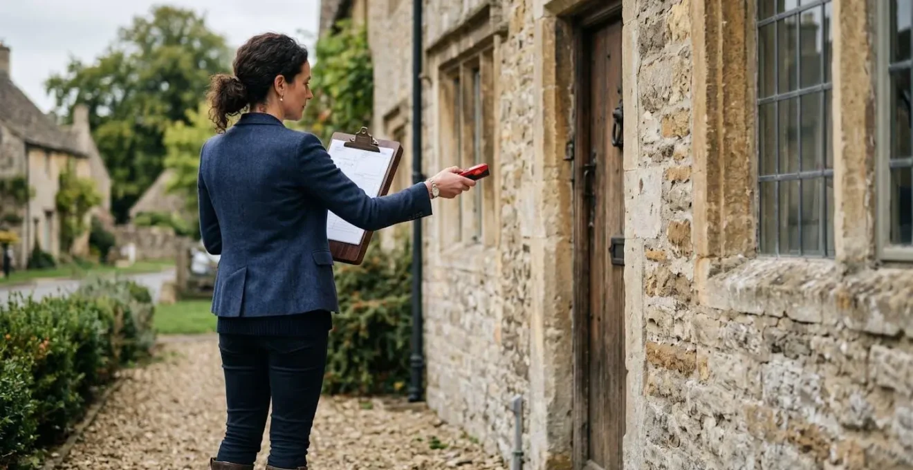 Scène professionnelle d'inspection technique immobilière en extérieur
