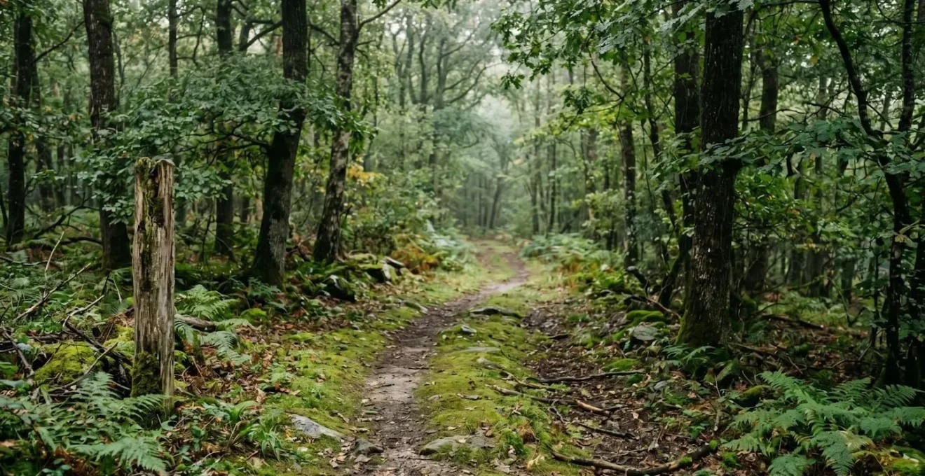 Sentier forestier naturel avec signalétique de propriété privée dans un massif boisé français