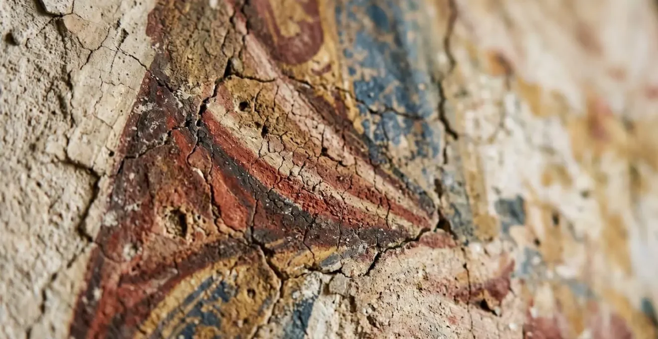 Détail d'une fresque Renaissance avec textures et pigments anciens sous éclairage naturel tamisé