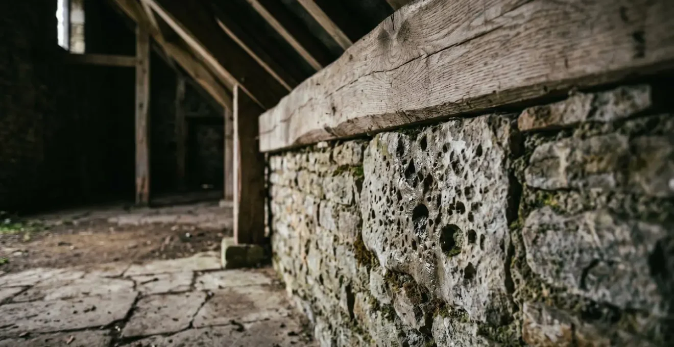 Intérieur d'une vaste grange historique non chauffée montrant les éléments de vétusté et d'inhabitabilité pour la fiscalité immobilière