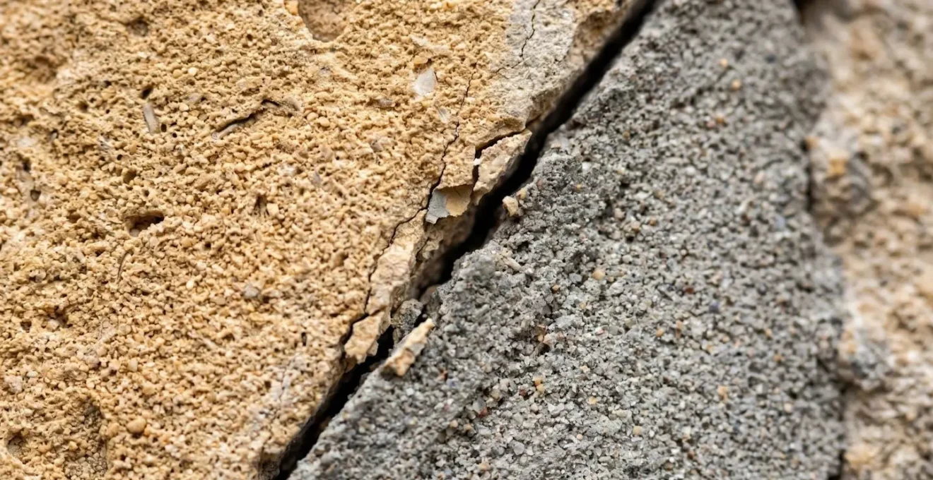Vue macro rapprochée de l'interface entre pierre calcaire du Sud-Ouest et joint de mortier de ciment révélant les micro-contraintes et fissures dues à la dilatation thermique différentielle