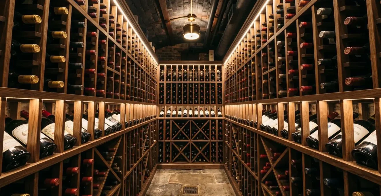 Vue en contre-plongée sur des casiers à bouteilles remplis de grands crus dans une cave climatisée