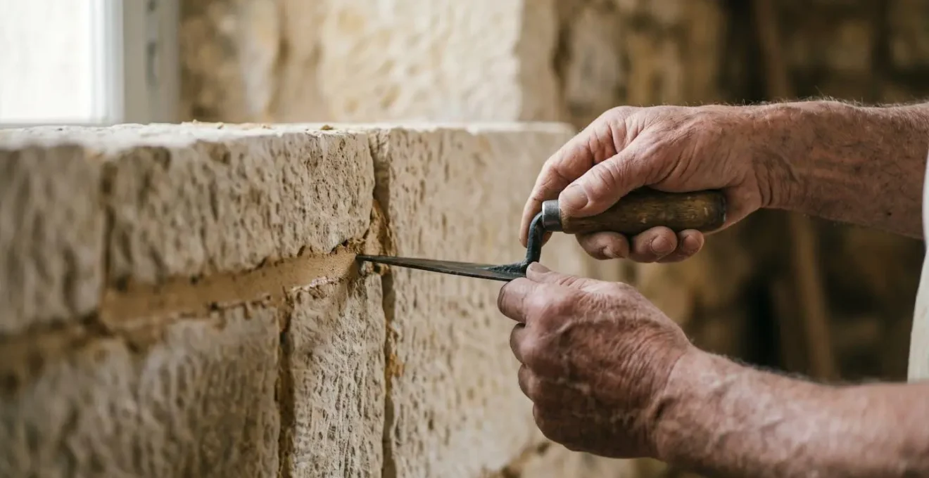 Détail de rejointoiement traditionnel à la chaux sur mur en pierre de taille du XVIIIe siècle montrant un joint affleurant
